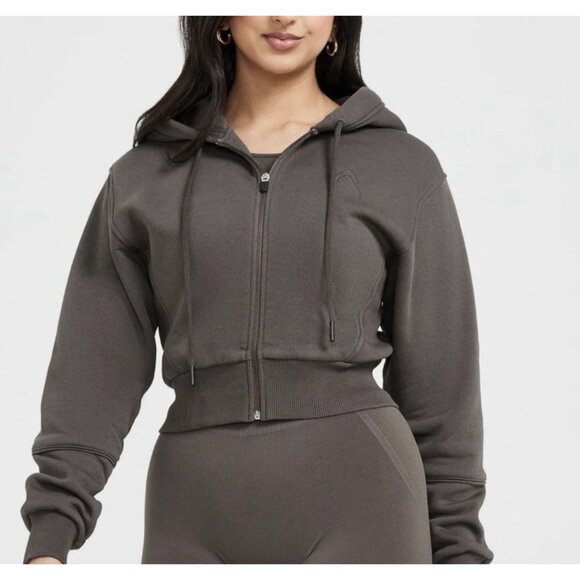 Oner Active Brown Zip Through Cropped Hoodie Sweatshirt in Warm Sand Womens sz M - Picture 1 of 5